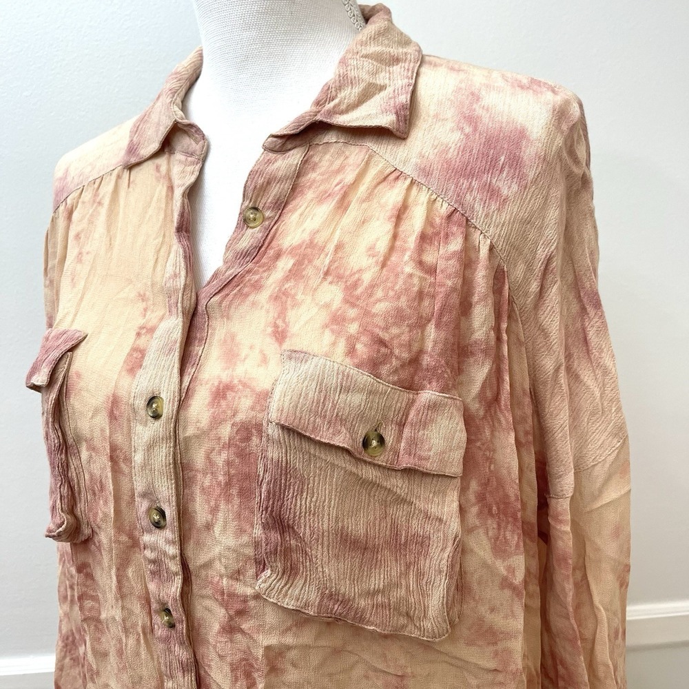 Free People Women's Gauze Button Up Shirt Pink Peach XS Oversized